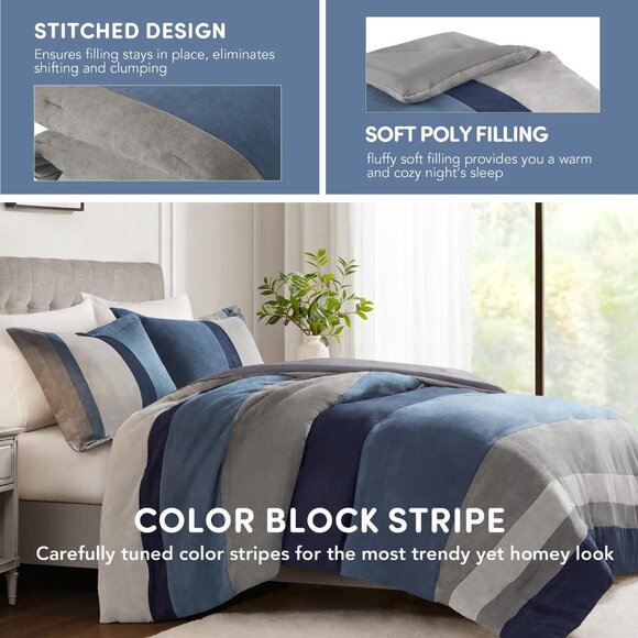 NWT Comfort Spaces 3-Piece Luxe Microsuede Comforter Set Blue Multi Full / Queen - Picture 4 of 8